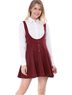 Women's Solid Button Decor Flared Hem Overall Dress Suspender Skirt