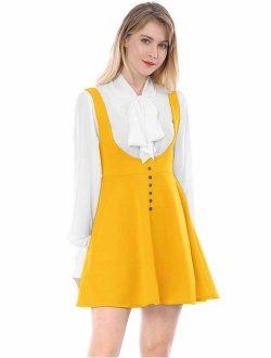 Women's Solid Button Decor Flared Hem Overall Dress Suspender Skirt