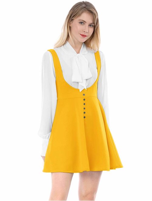 Allegra K Women's Solid Button Decor Flared Hem Overall Dress Suspender Skirt