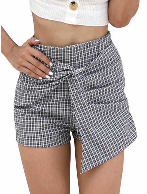 CHARLES RICHARDS Women's Asymetric High Waist Knot Front Checked Chic Shorts Mini Shorts