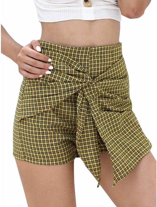 CHARLES RICHARDS Women's Asymetric High Waist Knot Front Checked Chic Shorts Mini Shorts