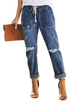 GOSOPIN Women Drawstring Elastic Waistband Loose Pants Jogger Denim Jeans