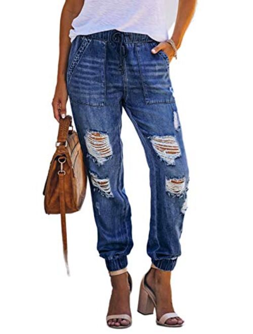 GOSOPIN Women Drawstring Elastic Waistband Loose Pants Jogger Denim Jeans