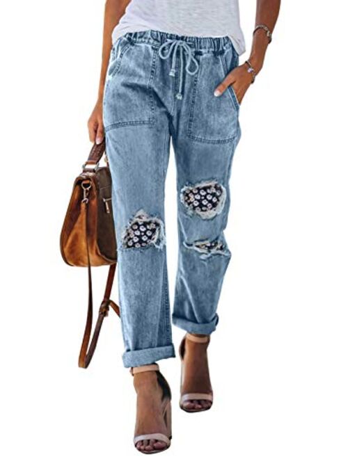 GOSOPIN Women Drawstring Elastic Waistband Loose Pants Jogger Denim Jeans