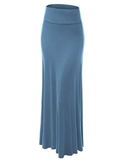 Lock and Love Women's Basic Solid Tie Dye Foldable High Waist Floor Length Maxi Skirt S-3XL Plus Size