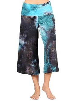 HEYHUN Women's Solid Tie Dye Wide Leg Flared Capri Boho Gaucho Pants w/Lace Detail S-3XL