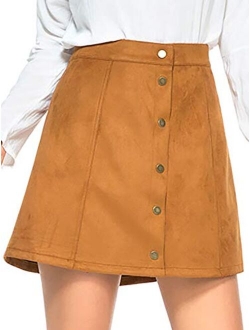 PERSUN Women's High Waist Faux Suede Button Front Plain A-Line Mini Skirt