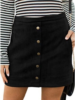 PERSUN Women's High Waist Faux Suede Button Front Plain A-Line Mini Skirt