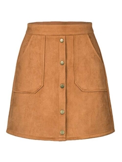 PERSUN Women's High Waist Faux Suede Button Front Plain A-Line Mini Skirt