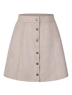 PERSUN Women's High Waist Faux Suede Button Front Plain A-Line Mini Skirt