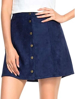 PERSUN Women's High Waist Faux Suede Button Front Plain A-Line Mini Skirt