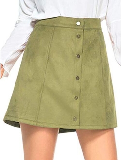 PERSUN Women's High Waist Faux Suede Button Front Plain A-Line Mini Skirt