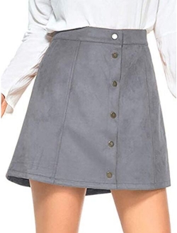 PERSUN Women's High Waist Faux Suede Button Front Plain A-Line Mini Skirt