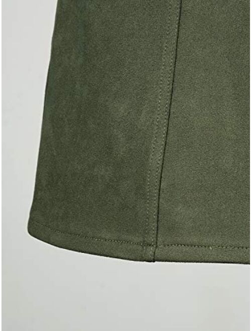 PERSUN Women's High Waist Faux Suede Button Front Plain A-Line Mini Skirt