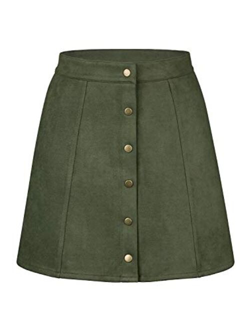 PERSUN Women's High Waist Faux Suede Button Front Plain A-Line Mini Skirt