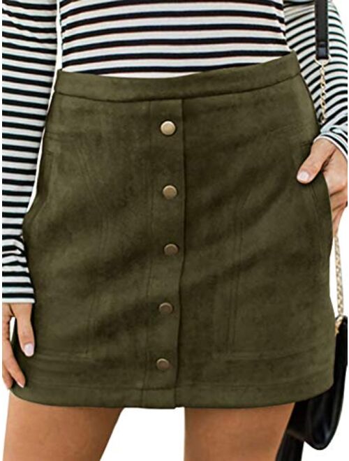 PERSUN Women's High Waist Faux Suede Button Front Plain A-Line Mini Skirt