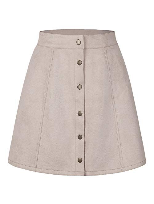 PERSUN Women's High Waist Faux Suede Button Front Plain A-Line Mini Skirt