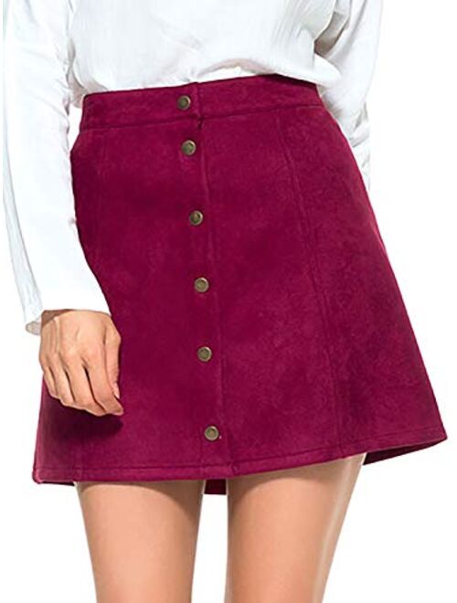 PERSUN Women's High Waist Faux Suede Button Front Plain A-Line Mini Skirt