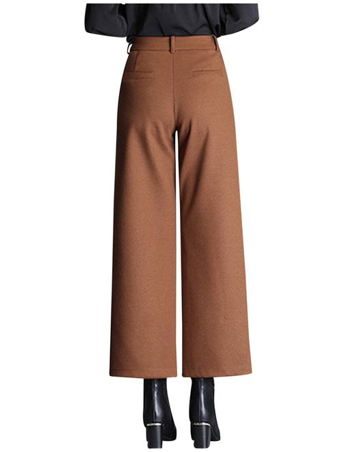 Tanming Women's Thick Wool Blend Cropped Wide Leg Pant Trousers