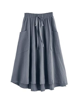 Women's Casual High Waist Pleated A-Line Midi Skirt with Pocket