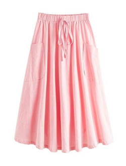 Women's Casual High Waist Pleated A-Line Midi Skirt with Pocket