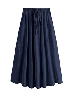 Women's Casual High Waist Pleated A-Line Midi Skirt with Pocket