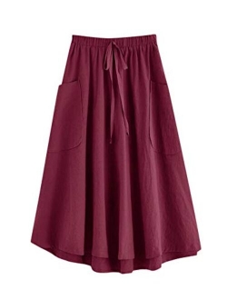 Women's Casual High Waist Pleated A-Line Midi Skirt with Pocket