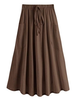 Women's Casual High Waist Pleated A-Line Midi Skirt with Pocket