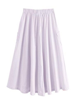 Women's Casual High Waist Pleated A-Line Midi Skirt with Pocket