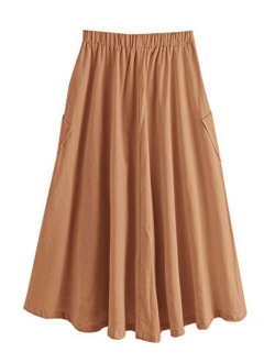 Women's Casual High Waist Pleated A-Line Midi Skirt with Pocket