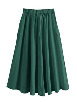 Women's Casual High Waist Pleated A-Line Midi Skirt with Pocket