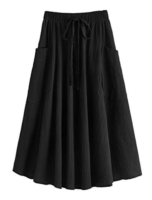 SweatyRocks Women's Casual High Waist Pleated A-Line Midi Skirt with Pocket