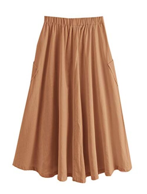 SweatyRocks Women's Casual High Waist Pleated A-Line Midi Skirt with Pocket