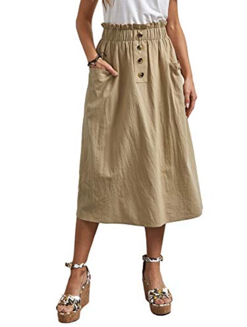 SweatyRocks Women's Casual High Waist Pleated A-Line Midi Skirt with Pocket