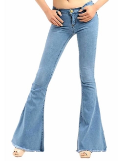 CHARTOU Women's Asymmetric Tassel Flared Slit Ripped Jeans Denim Pants