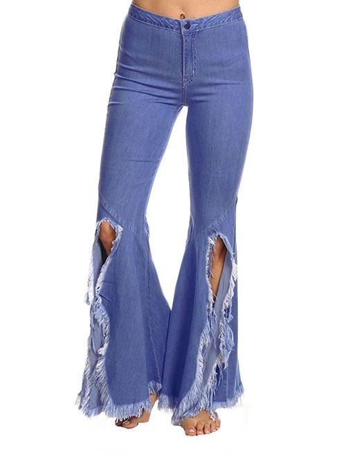 CHARTOU Women's Asymmetric Tassel Flared Slit Ripped Jeans Denim Pants