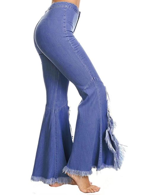 CHARTOU Women's Asymmetric Tassel Flared Slit Ripped Jeans Denim Pants