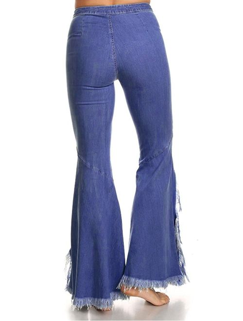 CHARTOU Women's Asymmetric Tassel Flared Slit Ripped Jeans Denim Pants