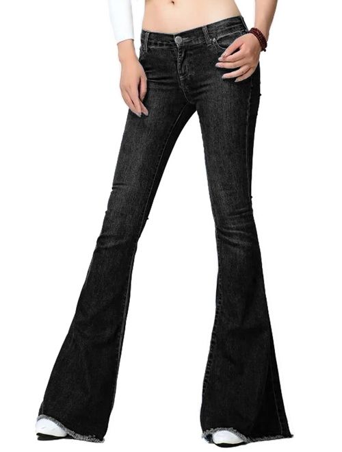 CHARTOU Women's Asymmetric Tassel Flared Slit Ripped Jeans Denim Pants