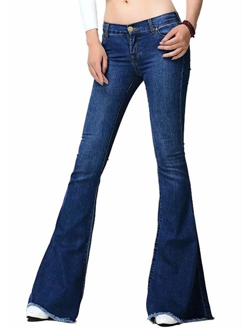 CHARTOU Women's Asymmetric Tassel Flared Slit Ripped Jeans Denim Pants