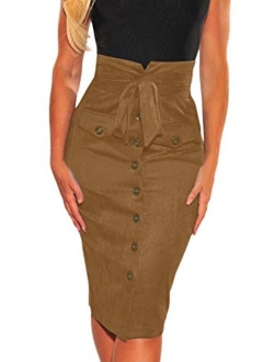 Meyeeka Women's Paperbag High Waist Button Trim Front Belted Faux Suede Mini Skirt