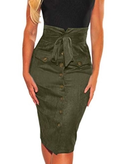 Meyeeka Women's Paperbag High Waist Button Trim Front Belted Faux Suede Mini Skirt