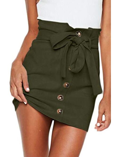 Meyeeka Women's Paperbag High Waist Button Trim Front Belted Faux Suede Mini Skirt