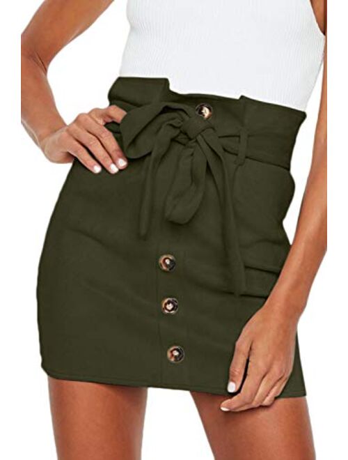 Meyeeka Women's Paperbag High Waist Button Trim Front Belted Faux Suede Mini Skirt