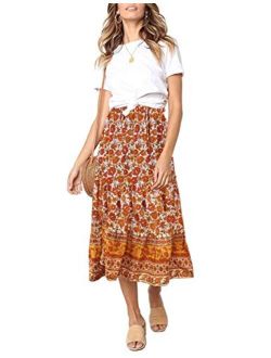 Women's Boho Floral Print Elastic High Waist Pleated A Line Midi Skirt with Pockets
