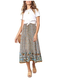 Women's Boho Floral Print Elastic High Waist Pleated A Line Midi Skirt with Pockets