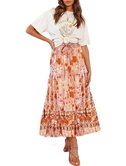 Women's Boho Floral Print Elastic High Waist Pleated A Line Midi Skirt with Pockets