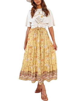 Women's Boho Floral Print Elastic High Waist Pleated A Line Midi Skirt with Pockets