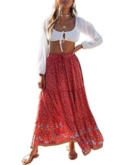 Women's Boho Floral Print Elastic High Waist Pleated A Line Midi Skirt with Pockets