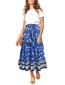 Women's Boho Floral Print Elastic High Waist Pleated A Line Midi Skirt with Pockets